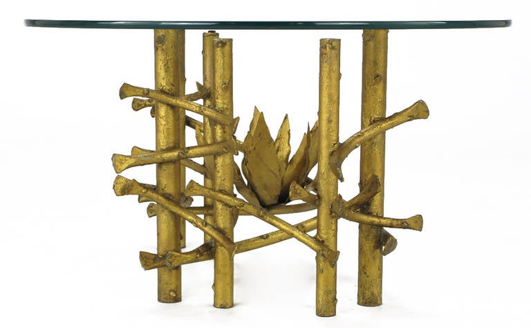 Late 20th Century Brutalist Gilt Iron Lotus Coffee Table with Glass Top For Sale