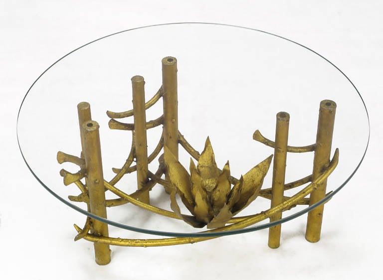 Brutalist Gilt Iron Lotus Coffee Table with Glass Top In Excellent Condition For Sale In Chicago, IL