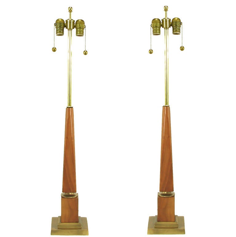 American Pair of Walnut Obelisk Table Lamps with Tiered Brass Plinths