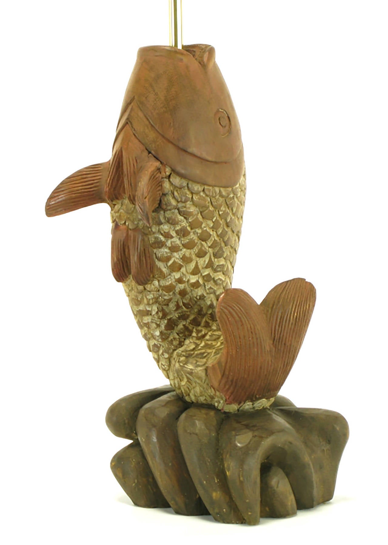 American Substantial Pair of Hand-Carved Wood Koi Fish Table Lamps For Sale