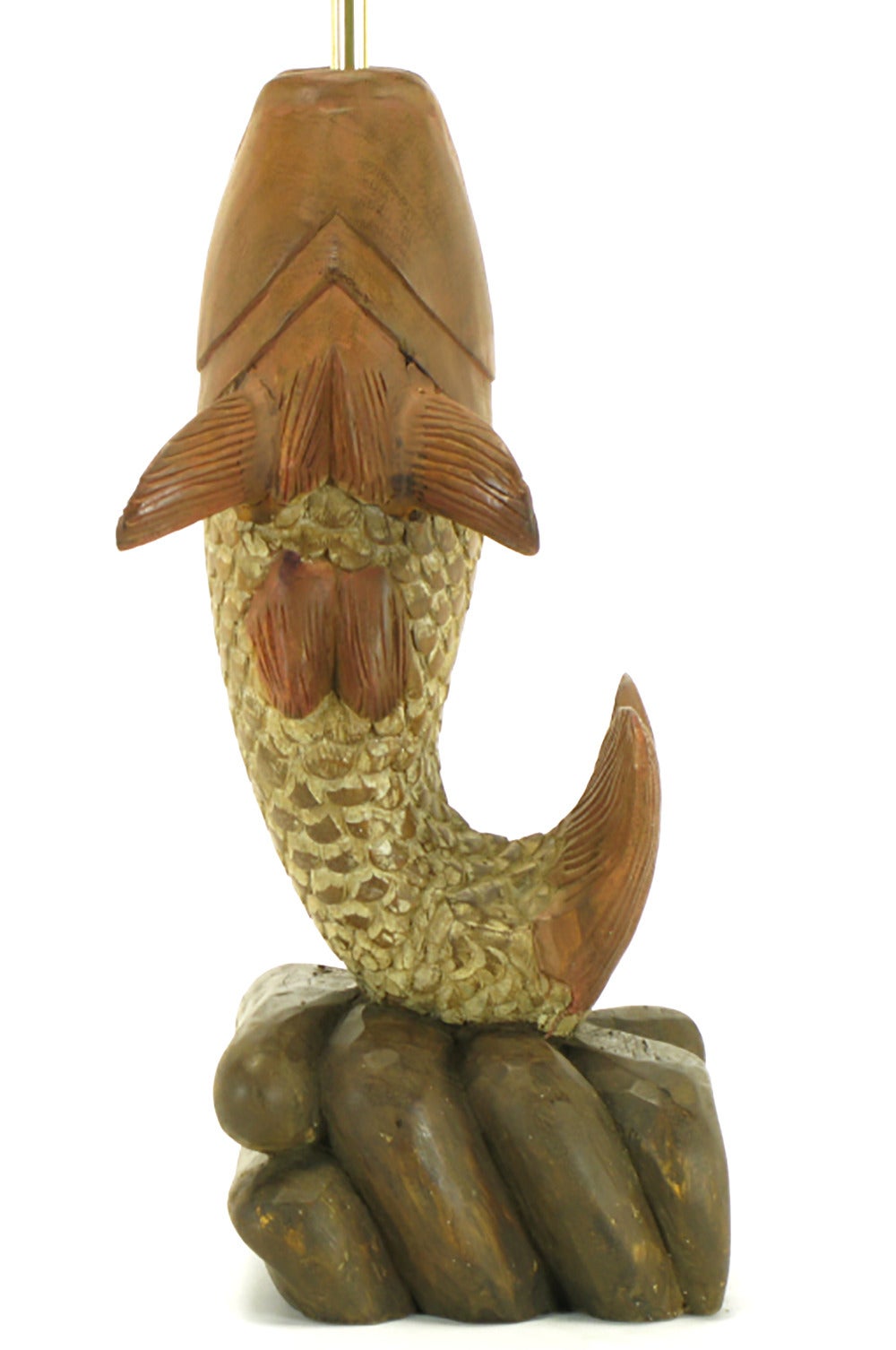 Substantial Pair of Hand-Carved Wood Koi Fish Table Lamps In Good Condition For Sale In Chicago, IL
