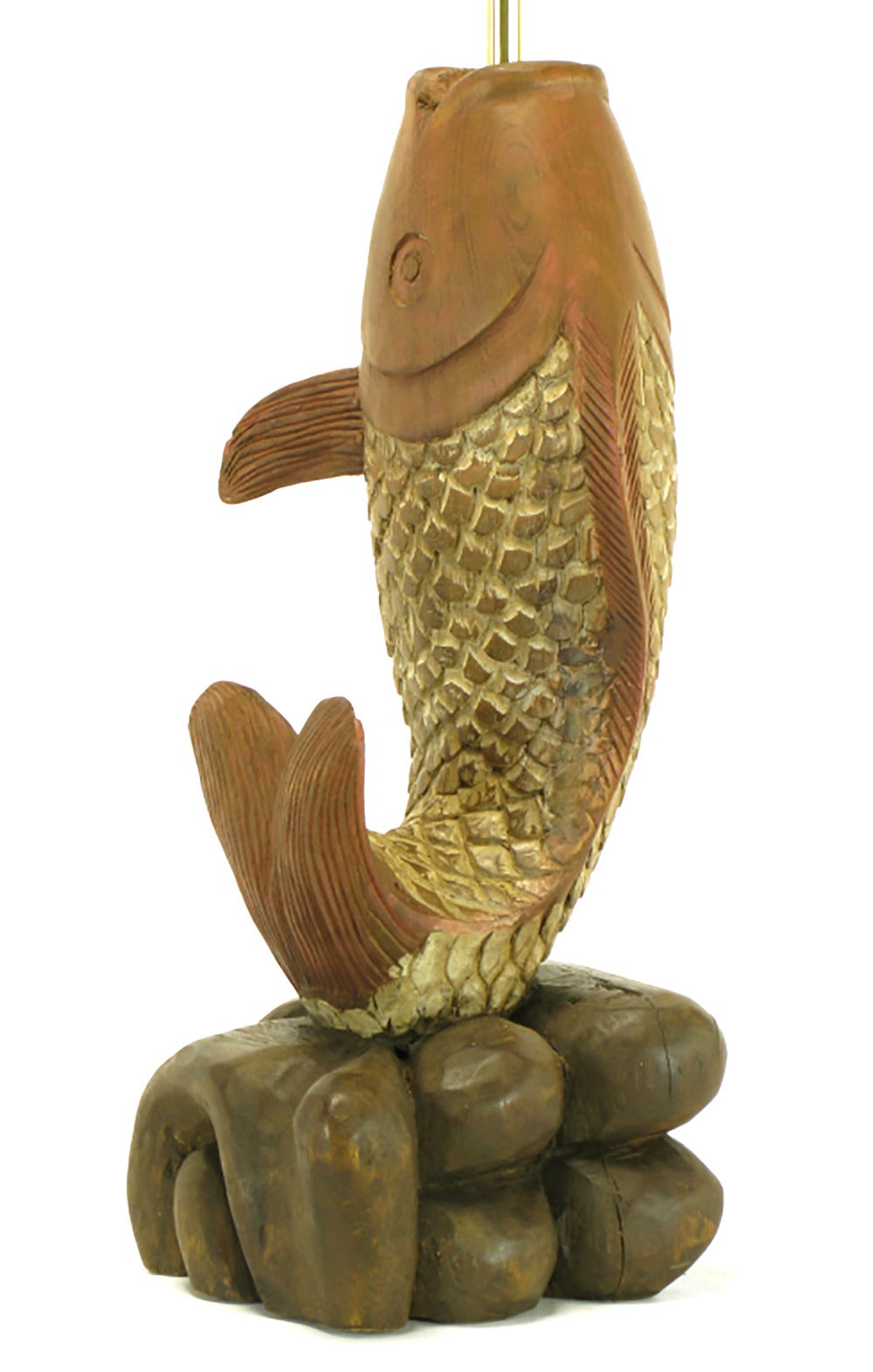 Mid-20th Century Substantial Pair of Hand-Carved Wood Koi Fish Table Lamps For Sale