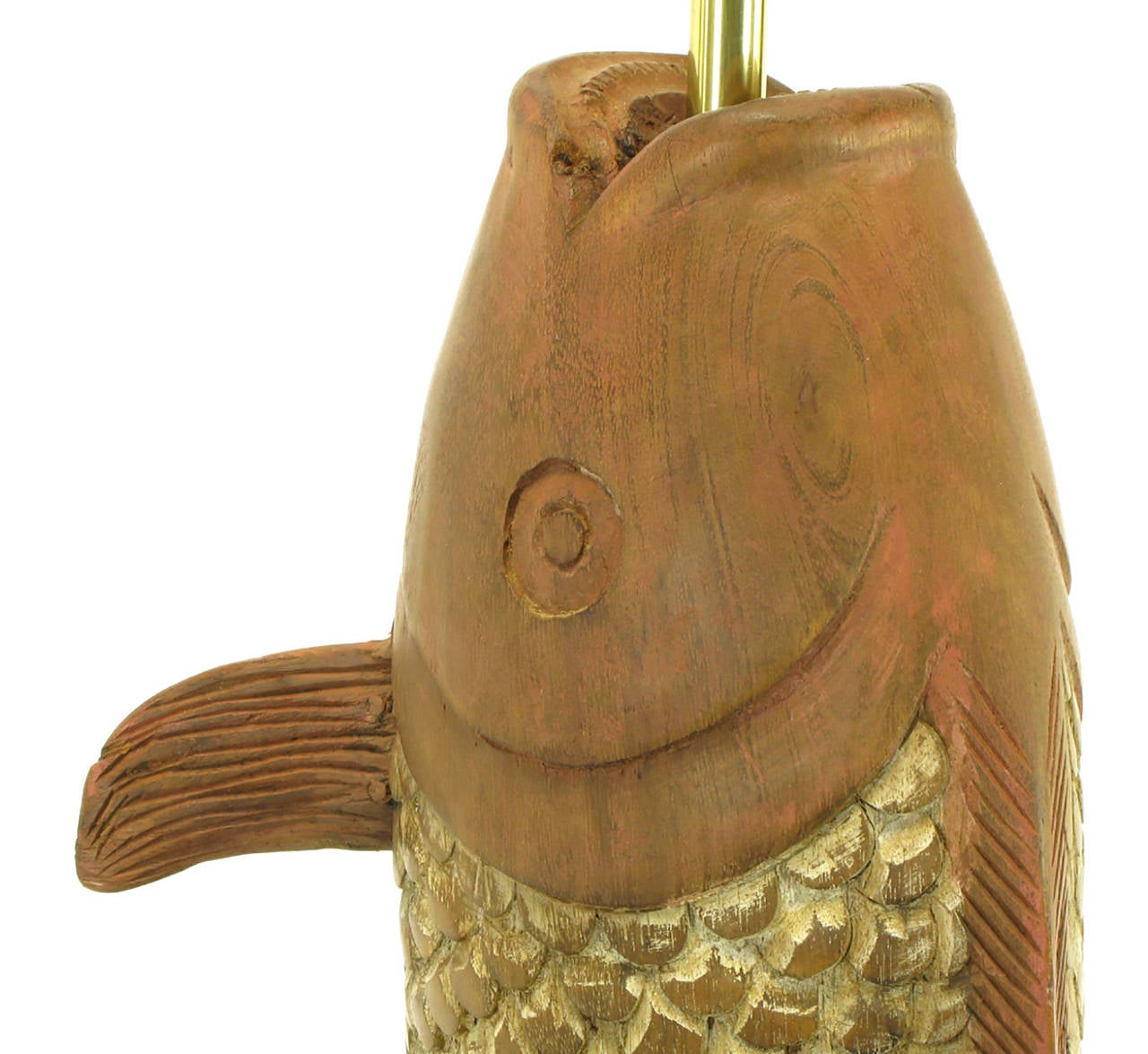 Brass Substantial Pair of Hand-Carved Wood Koi Fish Table Lamps For Sale