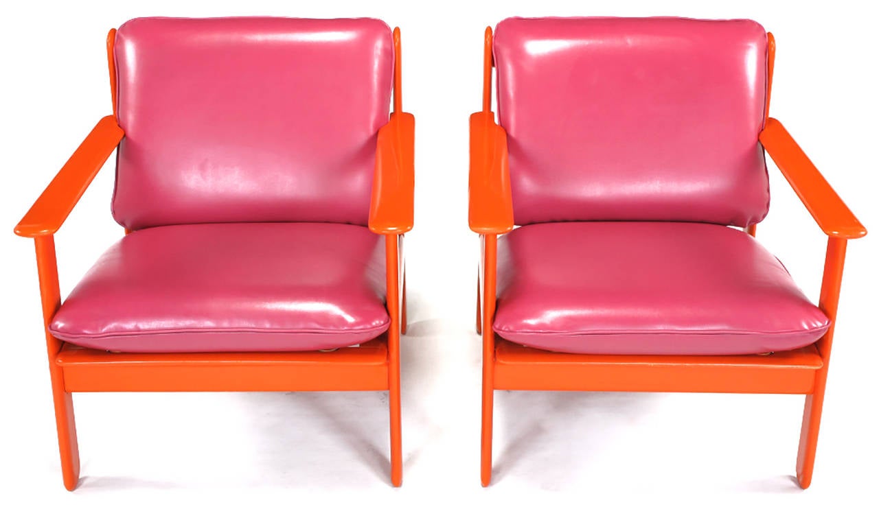 Pair of Italian Persimmon and Magenta Lounge Chairs