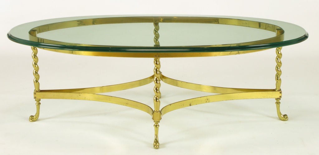Mid-20th Century Solid Brass Coffee Table With Barley Twist Legs & Dolphin Feet