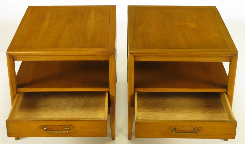 American Pair Drexel Bleached Mahogany & Burled Olive End Tables