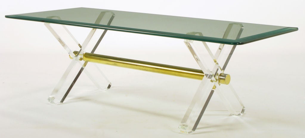 Lucite and brass trestle coffee table with 1/2