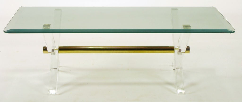 American Lucite & Brass X-Base Trestle Coffee Table