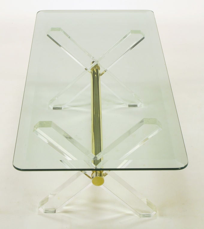 Late 20th Century Lucite & Brass X-Base Trestle Coffee Table