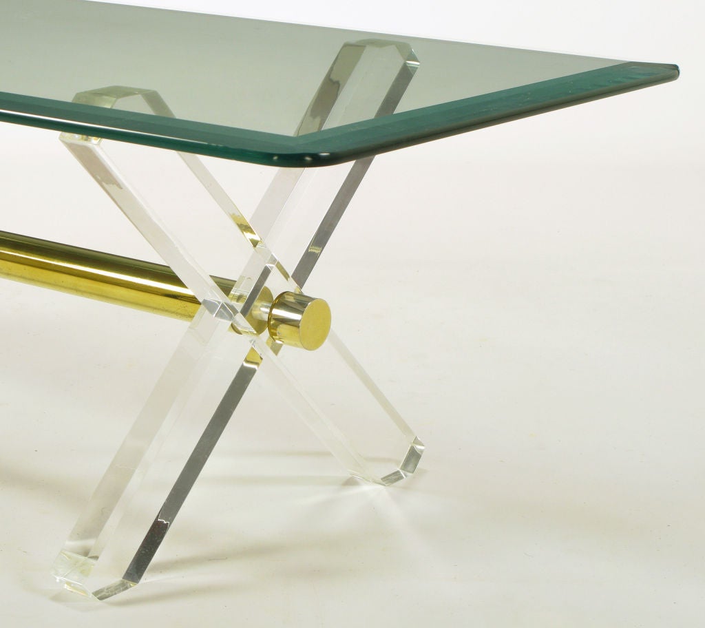 Lucite & Brass X-Base Trestle Coffee Table 1