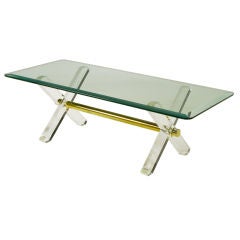 Lucite & Brass X-Base Trestle Coffee Table