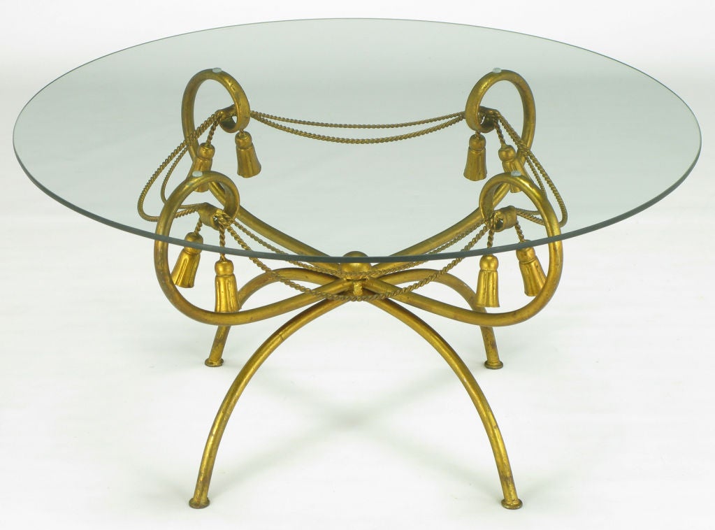 Italian Gilt Metal Coffee Table With Rope & Tassel Ornamentation