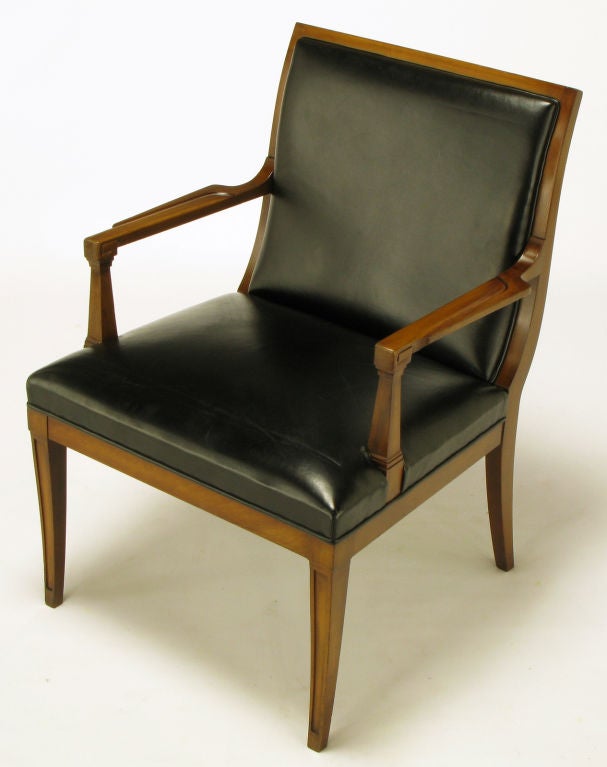 American Pair Stow Davis Black Leather & Walnut Sculptural Arm Chairs