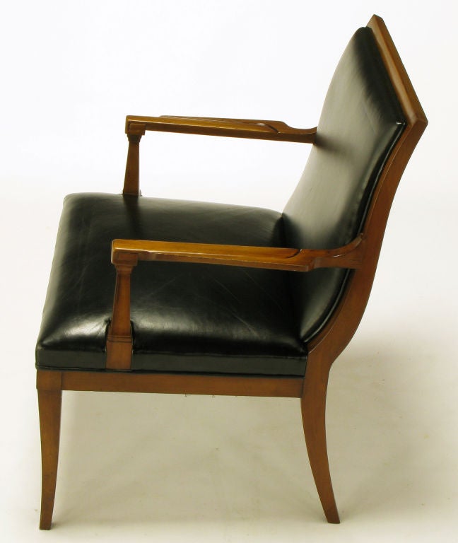 Mid-20th Century Pair Stow Davis Black Leather & Walnut Sculptural Arm Chairs