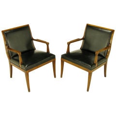 Pair Stow Davis Black Leather & Walnut Sculptural Arm Chairs