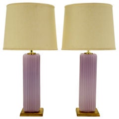 Pair Italian Lavender Murano Glass Reeded Column Table Lamps