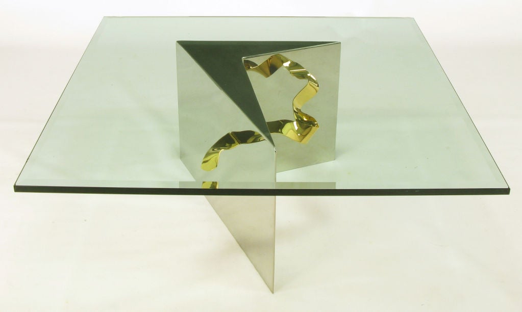Post-Modern Custom Artisan Chrome, Brass, and Glass Coffee Table