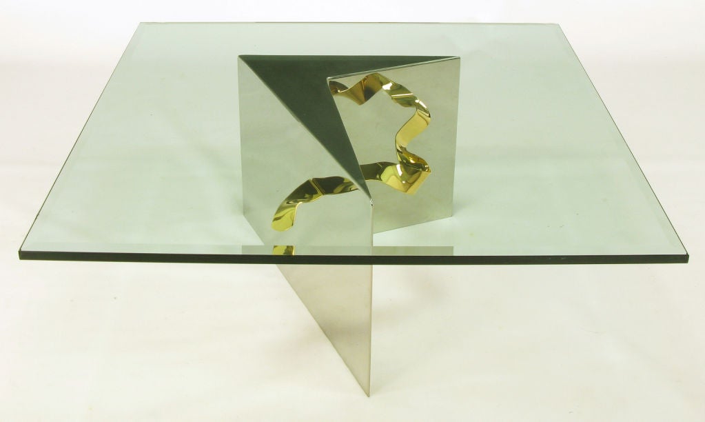 Post-Modern Custom Artisan Chrome, Brass, and Glass Coffee Table For Sale