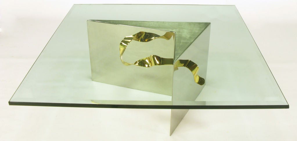 20th Century Custom Artisan Chrome, Brass, and Glass Coffee Table For Sale