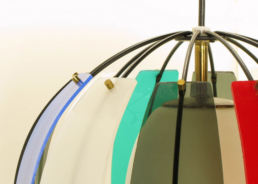 Colorful Lightolier Round Metal & Ribbed Lucite Pendant Light 4