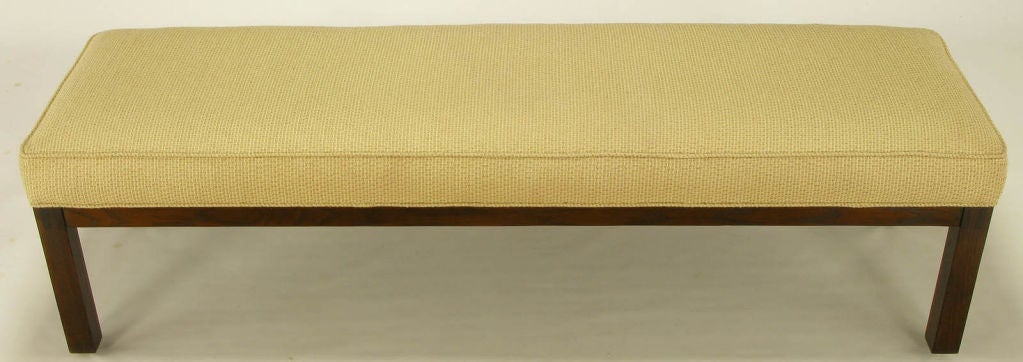 Parsons style long bench with dark stained oak frame and brand new linen/silk subtle checked pattern oatmeal upholstery. From the offices of Purdue University, Lafayette IN.