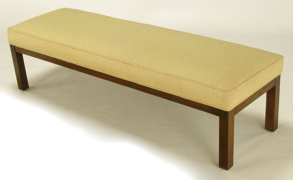 Mid-20th Century Parsons Style Oak & Linen Long Bench