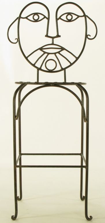 Mexican Set Four Hand Wrought & Glazed Iron Barstools After John Risley