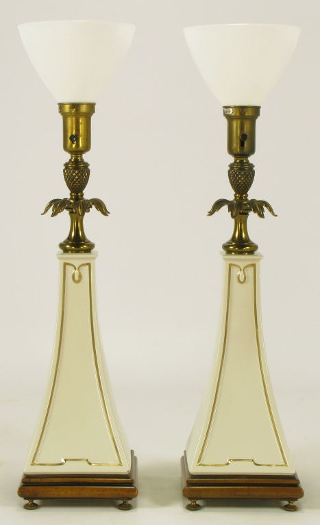 American Pair Stiffel Porcelain Obelisk & Decorative Brass Table Lamps. For Sale