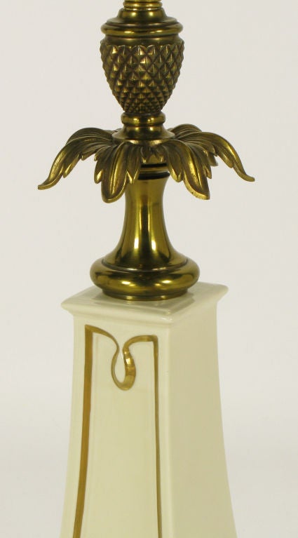 Pair Stiffel Porcelain Obelisk & Decorative Brass Table Lamps. For Sale 2