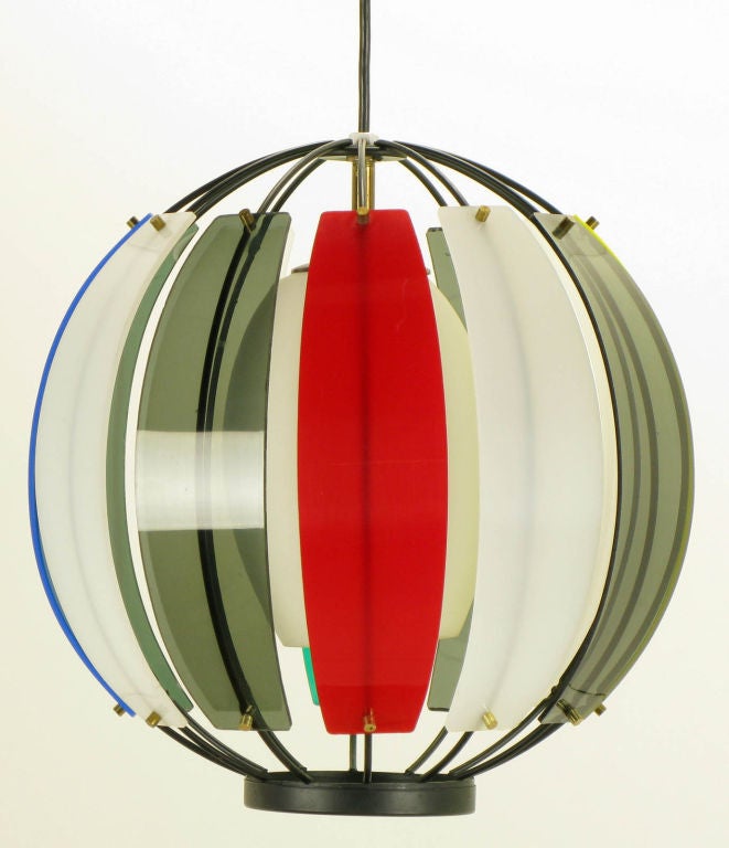 American Colorful Lightolier Round Metal & Ribbed Lucite Pendant Light