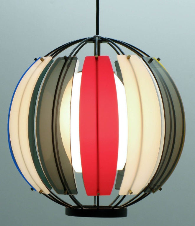 Lacquered Colorful Lightolier Round Metal & Ribbed Lucite Pendant Light