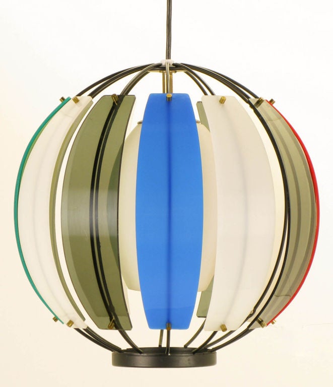Mid-20th Century Colorful Lightolier Round Metal & Ribbed Lucite Pendant Light