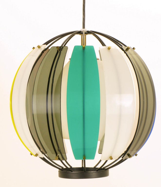 Colorful Lightolier Round Metal & Ribbed Lucite Pendant Light 1