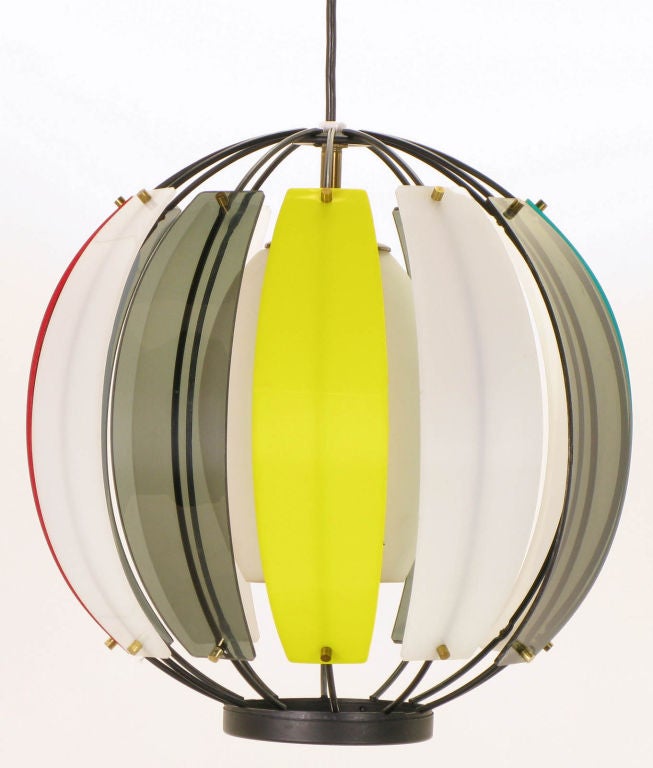 Colorful Lightolier Round Metal & Ribbed Lucite Pendant Light 2