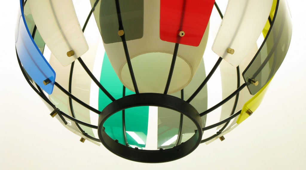 Colorful Lightolier Round Metal & Ribbed Lucite Pendant Light 3