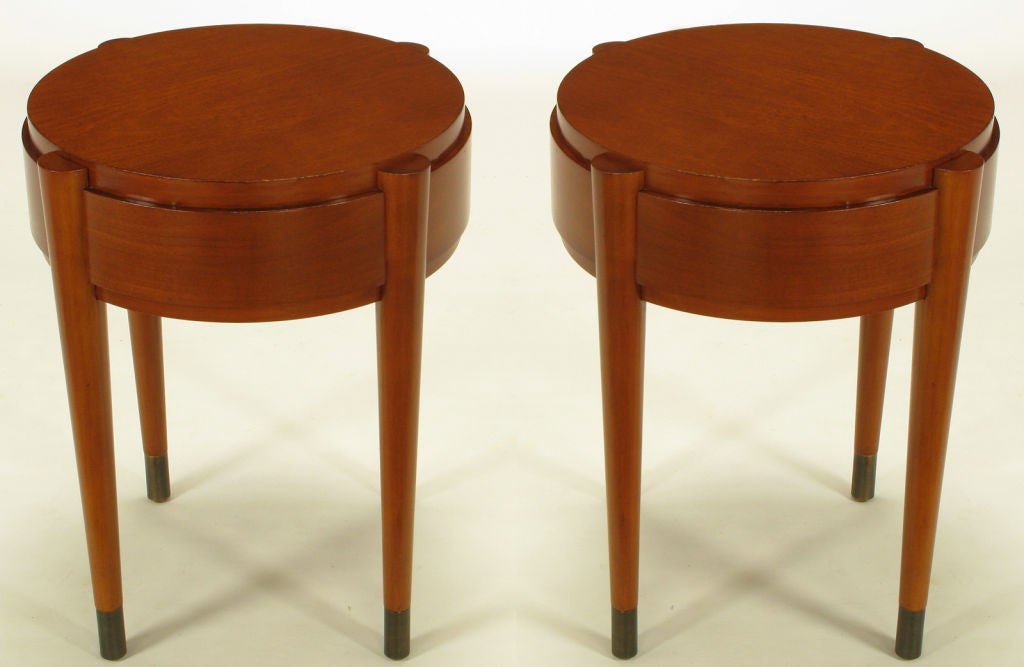 Pair Round Red Birch Art Deco Revival Side Tables.