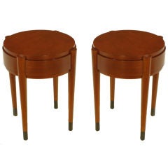 Pair Round Red Birch Art Deco Revival Side Tables.
