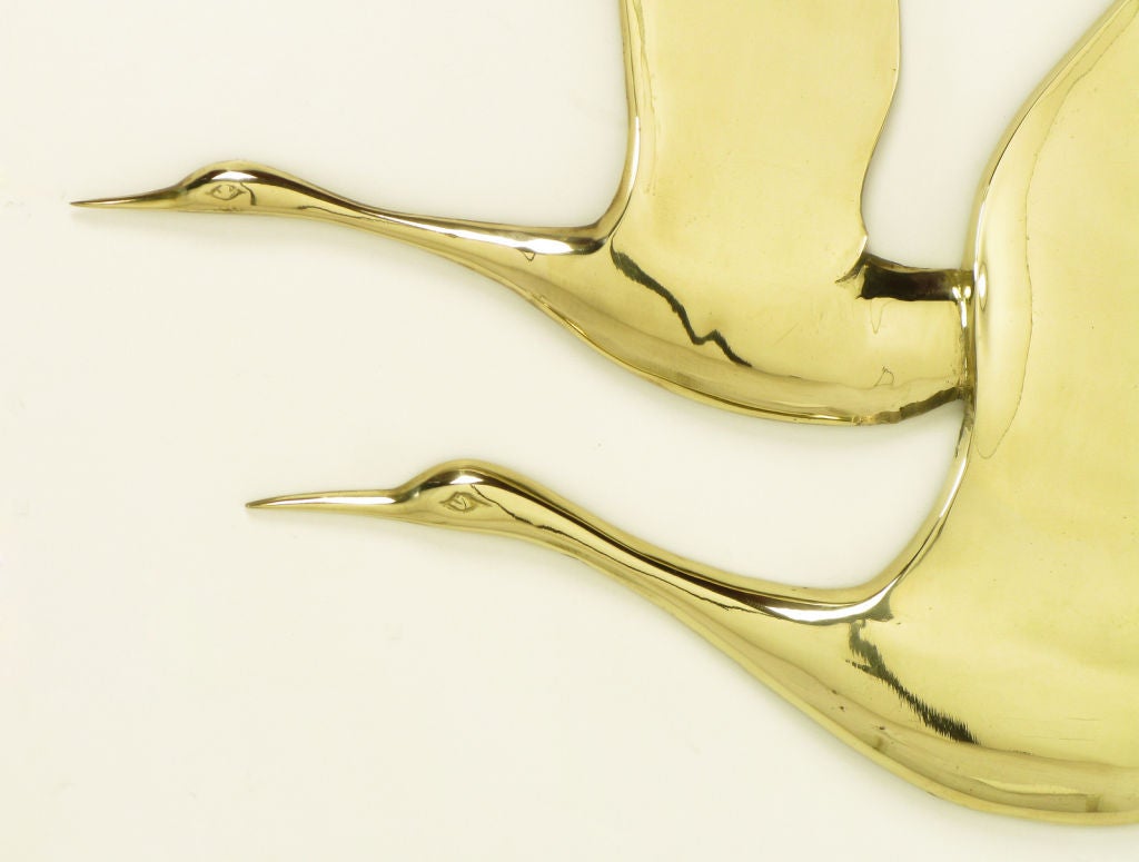 Mid-20th Century Hanging Solid Brass Relief Of Two Herons In Flight For Sale