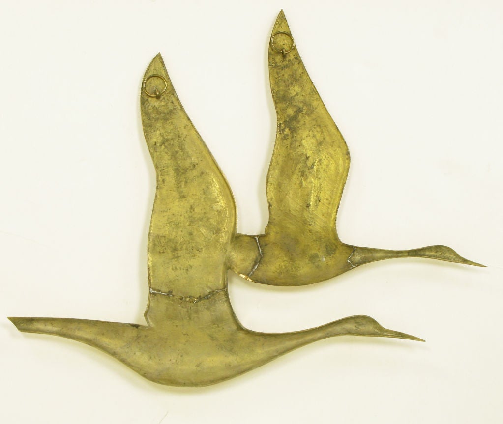 Hanging Solid Brass Relief Of Two Herons In Flight For Sale 2