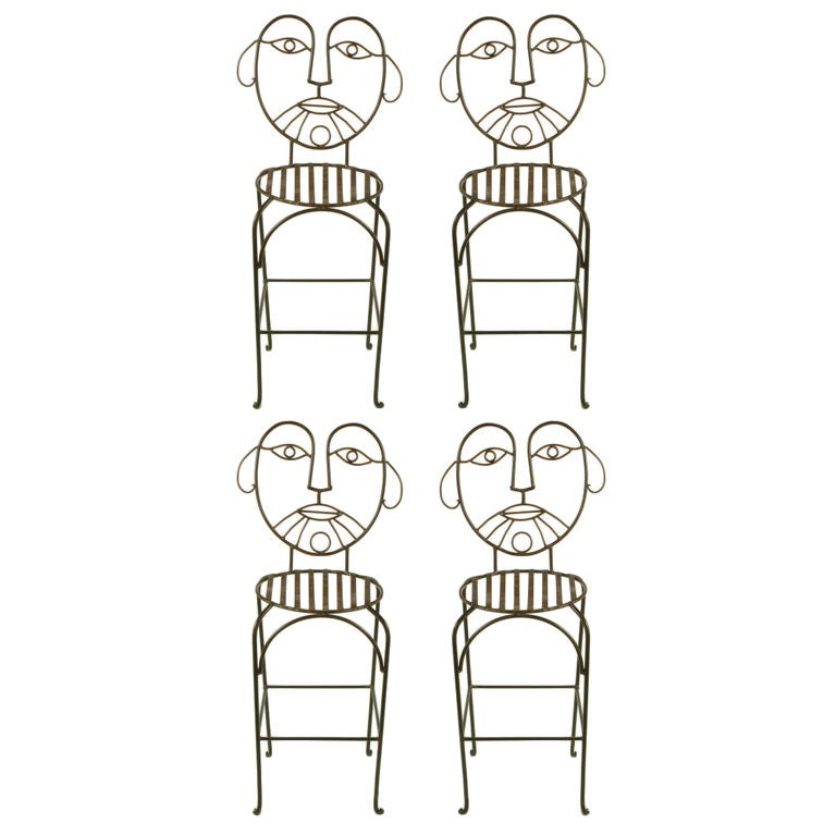 Set Four Hand Wrought & Glazed Iron Barstools After John Risley
