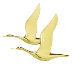 Hanging Solid Brass Relief Of Two Herons In Flight