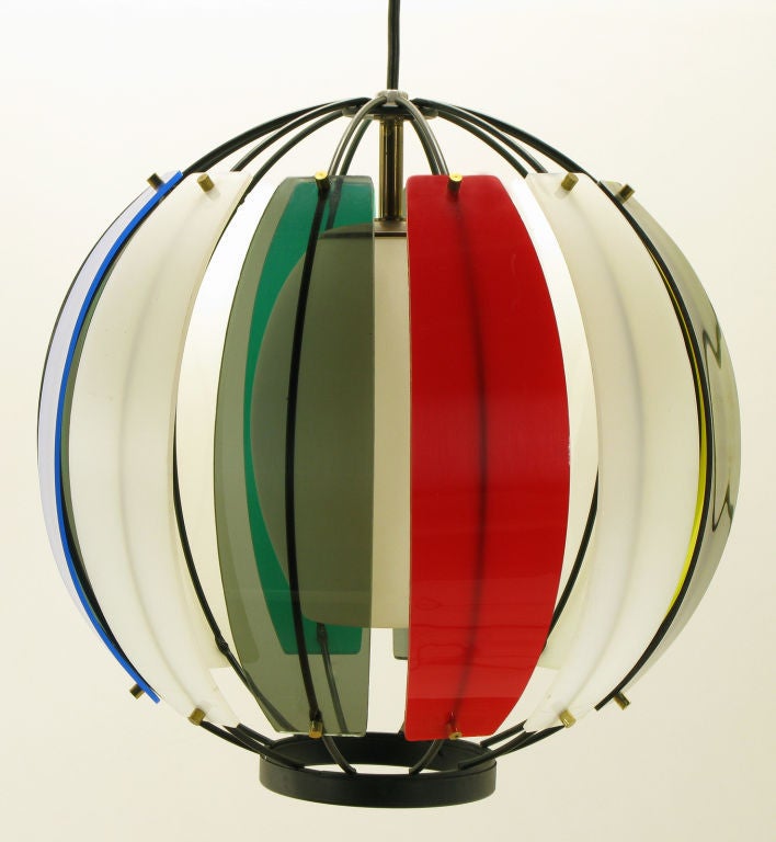 Rare Lightolier multi colored Lucite ribbed pendant fixture. Arced Lucite 