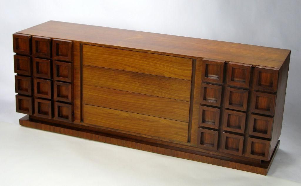 American Peck & Hills Walnut Dresser With Deep Geometric Relief Front