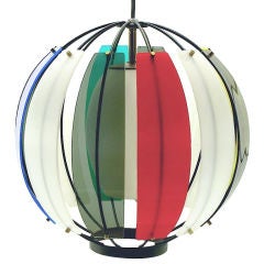 Colorful Lightolier Round Metal & Ribbed Lucite Pendant Light