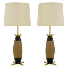 Pair Stiffel Hand Thrown & Incised Pottery Table Lamps.