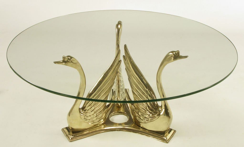 American Solid Brass Trio Of Swans Round Coffee Table