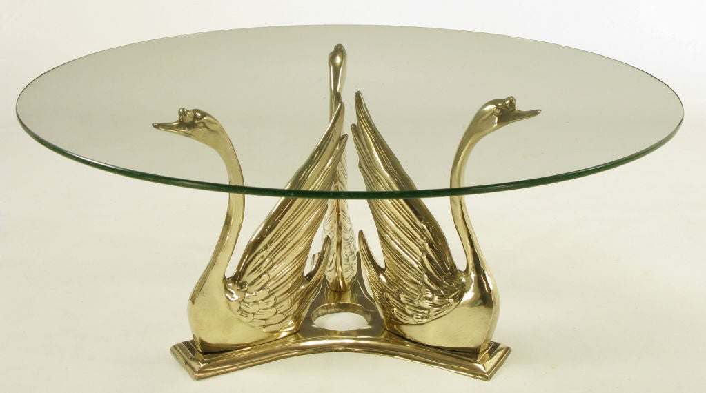 Mid-20th Century Solid Brass Trio Of Swans Round Coffee Table