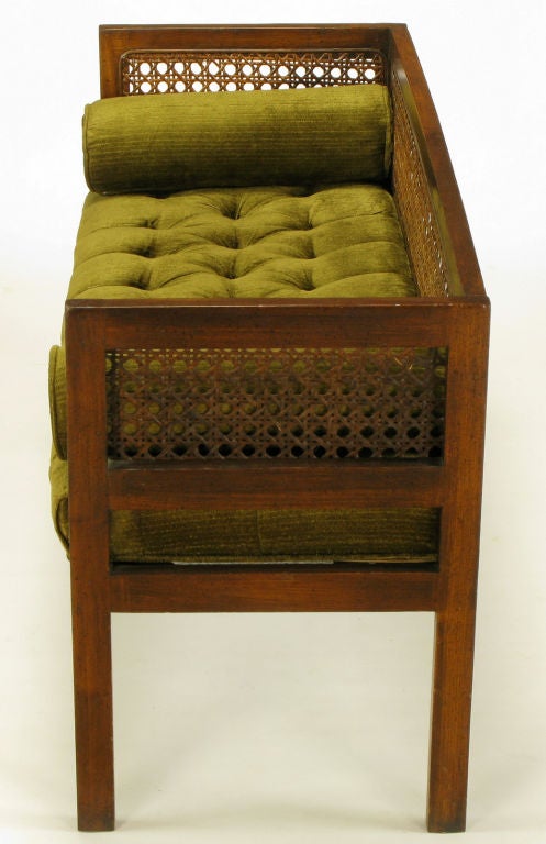American Even Arm Walnut & Cane Button Tufted Bench
