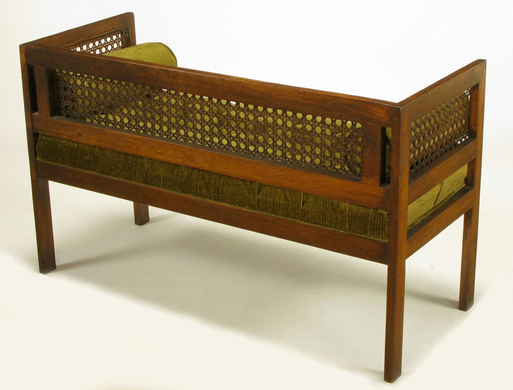 Mid-20th Century Even Arm Walnut & Cane Button Tufted Bench