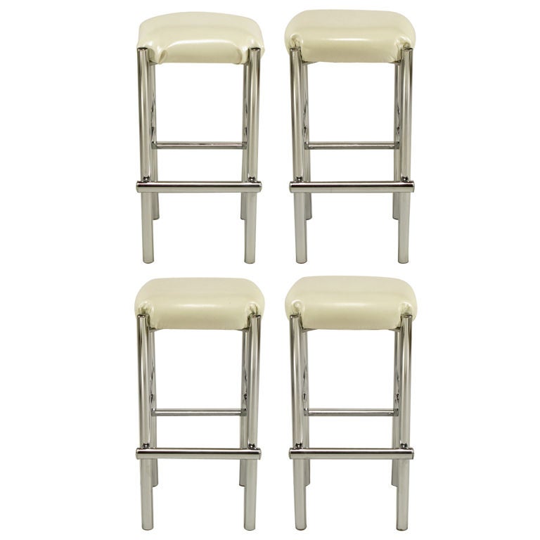 Four Chrome and White Vinyl Bar Stools at 1stDibs